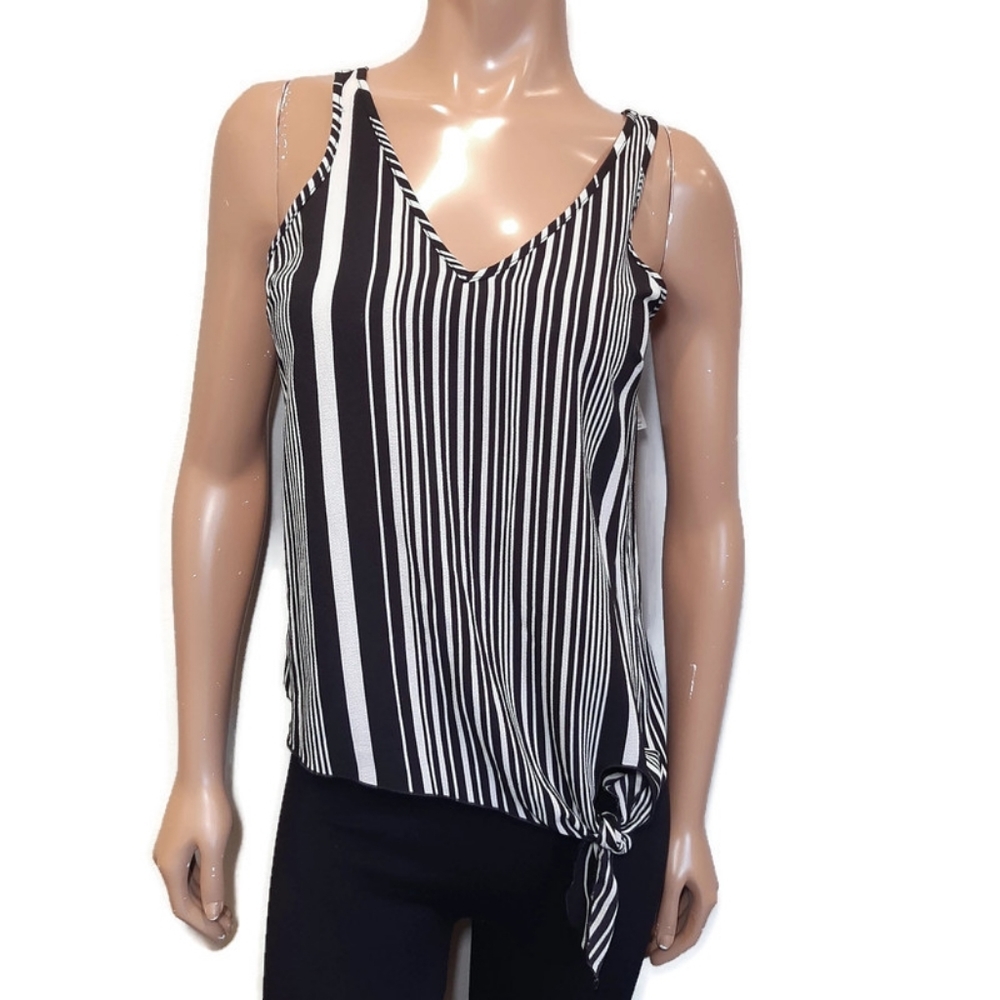 NEW George Tie Hem Tank Top Black White Striped Vneck Sleeveless Asymmetric XS